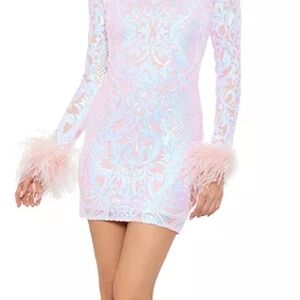 Elegant Pink Lace Dress with Feather Cuffs